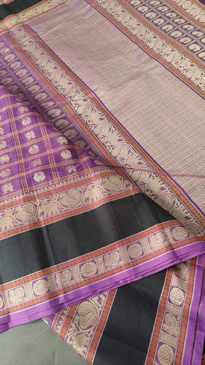 Purple Handloom Kanchi cotton Saree with 1000 Buttas and Rettaipet Border