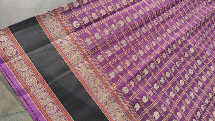 Purple Handloom Kanchi cotton Saree with 1000 Buttas and Rettaipet Border