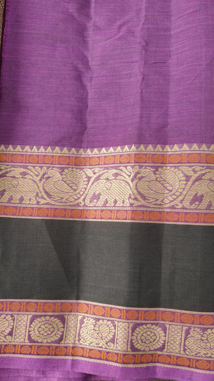 Purple Handloom Kanchi cotton Saree with 1000 Buttas and Rettaipet Border