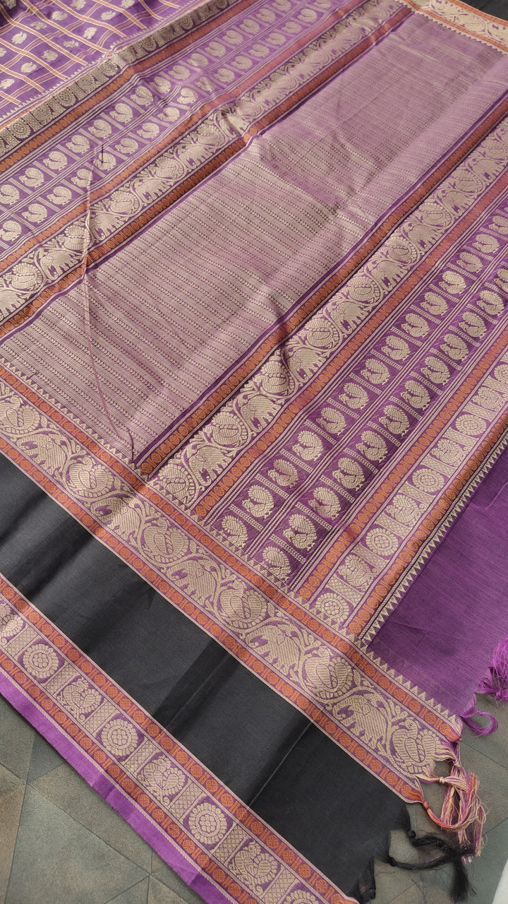 Purple Handloom Kanchi cotton Saree with 1000 Buttas and Rettaipet Border