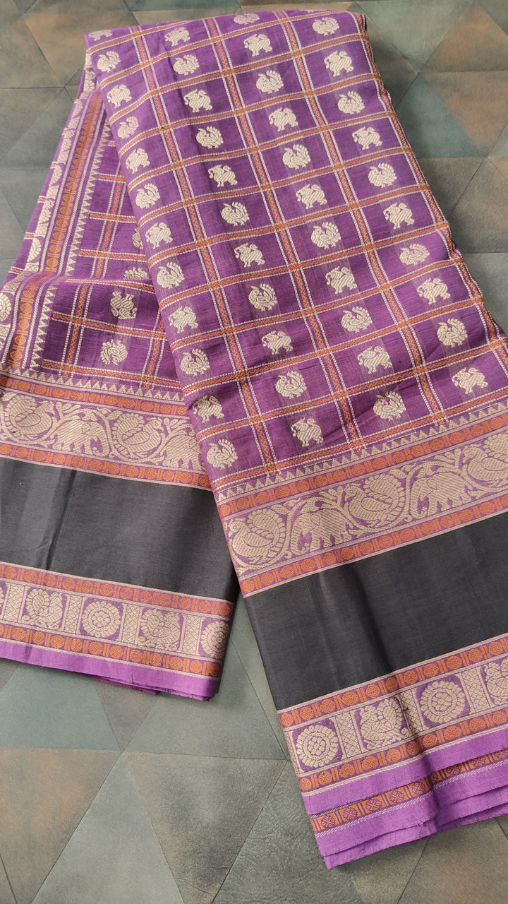 Purple Handloom Kanchi cotton Saree with 1000 Buttas and Rettaipet Border