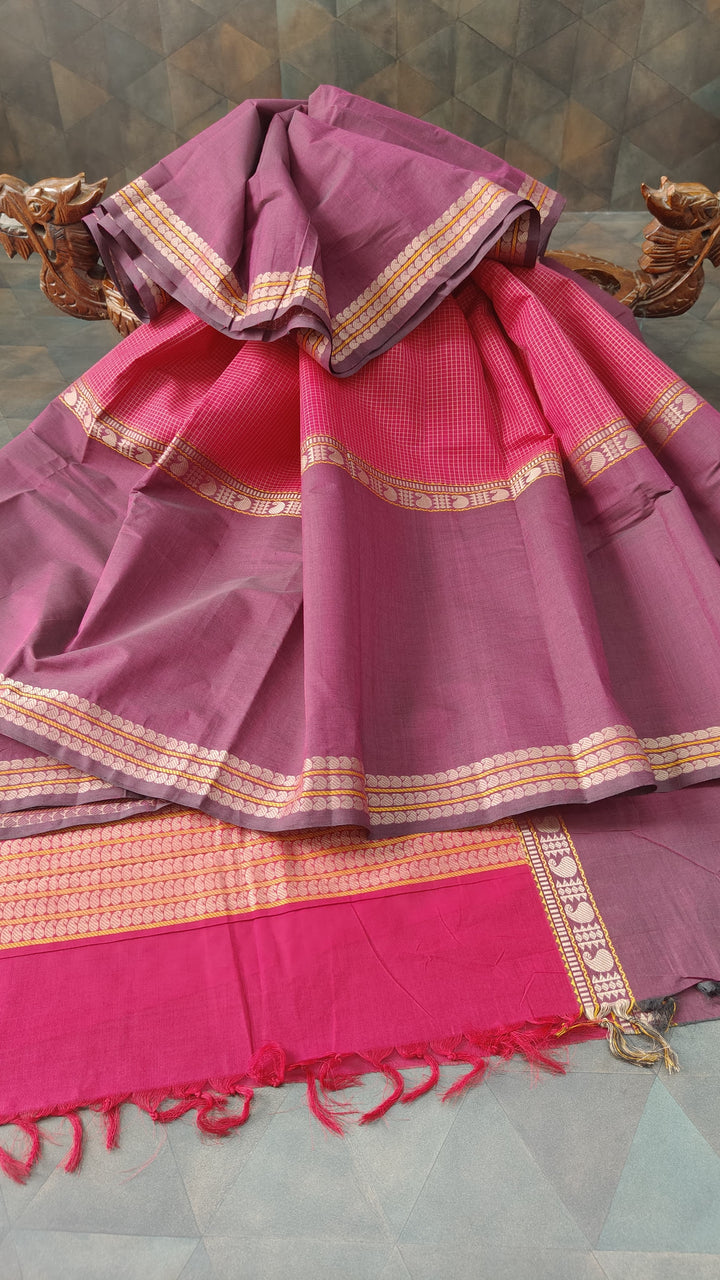 Pink Handloom Mubbagam Kanchi Cotton Saree with Podi-kattam