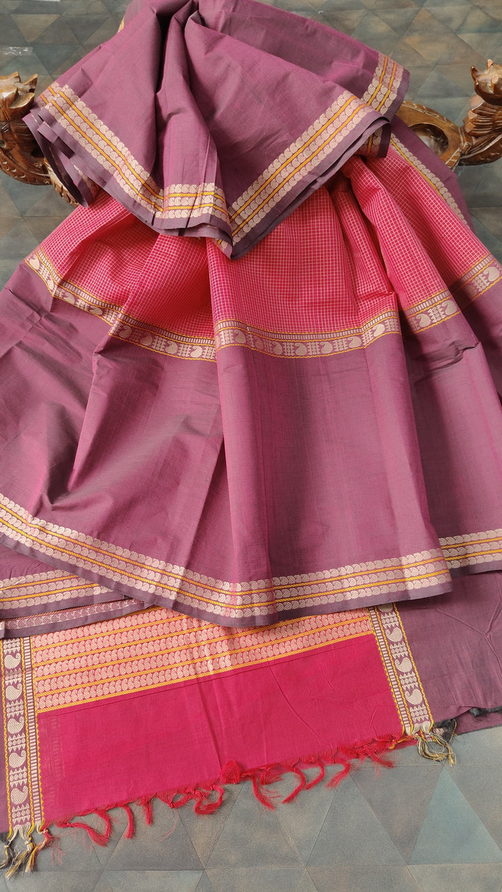 Pink Handloom Mubbagam Kanchi Cotton Saree with Podi-kattam