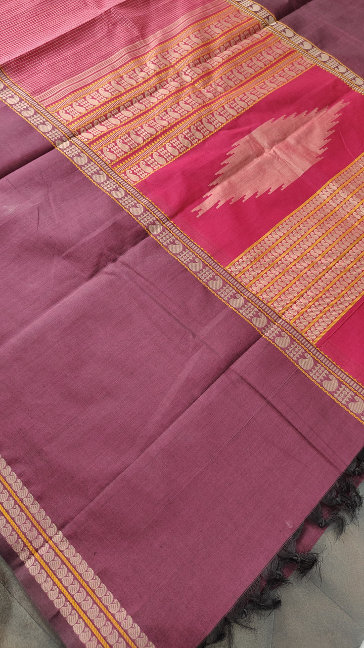 Pink Handloom Mubbagam Kanchi Cotton Saree with Podi-kattam