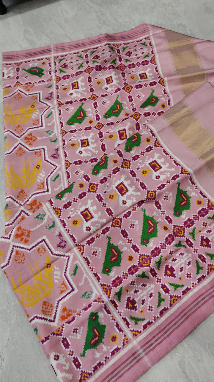 Authentic Double Ikkat Patan Patola Handwoven Saree in Dusty Rose Pink with Moroccan Design | SILK MARK CERTIFIED