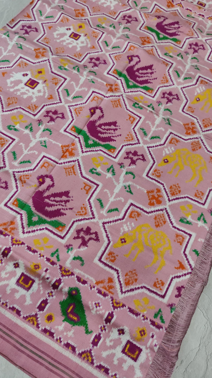 Authentic Double Ikkat Patan Patola Handwoven Saree in Dusty Rose Pink with Moroccan Design | SILK MARK CERTIFIED