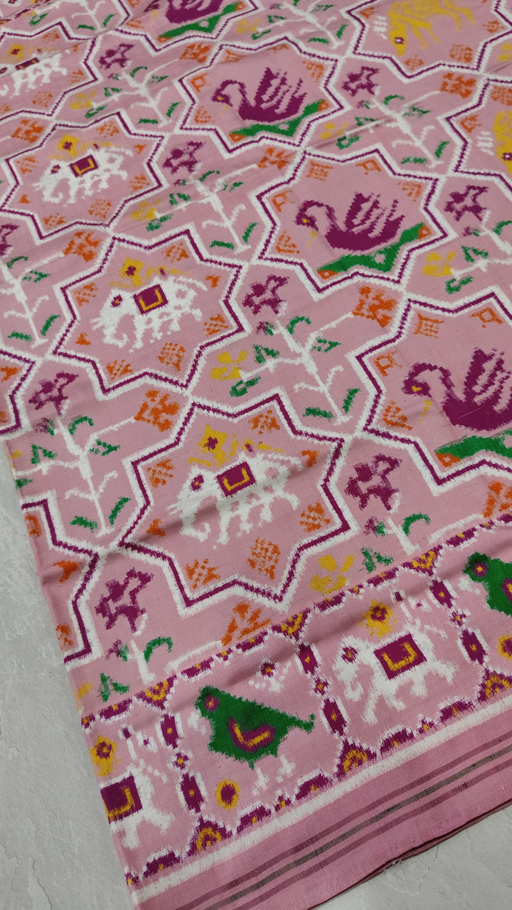 Authentic Double Ikkat Patan Patola Handwoven Saree in Dusty Rose Pink with Moroccan Design | SILK MARK CERTIFIED