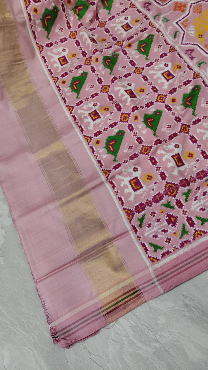 Authentic Double Ikkat Patan Patola Handwoven Saree in Dusty Rose Pink with Moroccan Design | SILK MARK CERTIFIED