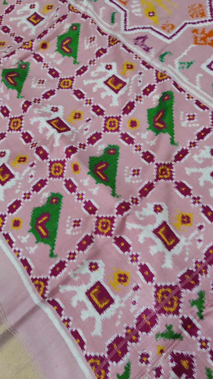 Authentic Double Ikkat Patan Patola Handwoven Saree in Dusty Rose Pink with Moroccan Design | SILK MARK CERTIFIED