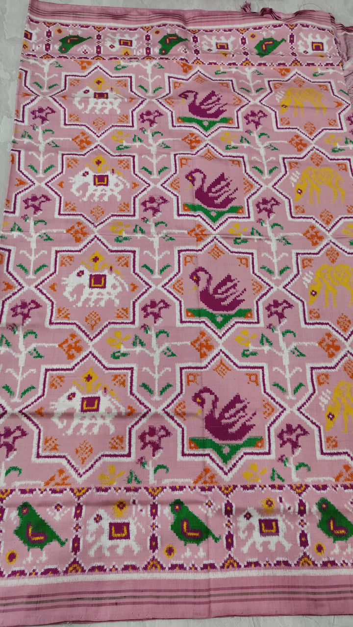 Authentic Double Ikkat Patan Patola Handwoven Saree in Dusty Rose Pink with Moroccan Design | SILK MARK CERTIFIED