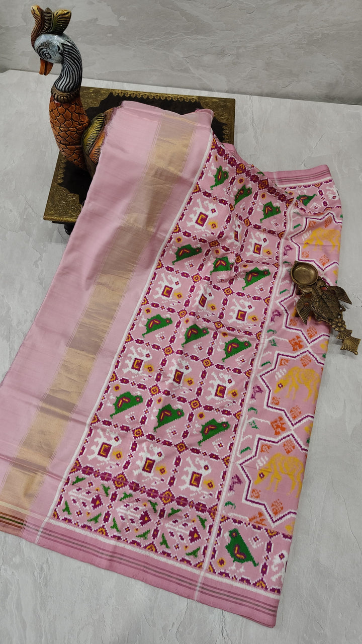 Authentic Double Ikkat Patan Patola Handwoven Saree in Dusty Rose Pink with Moroccan Design | SILK MARK CERTIFIED