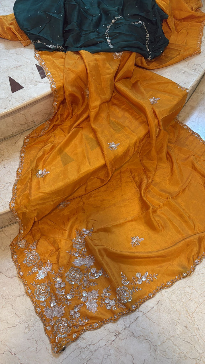 Mustard Chinon Saree with Kolkata handwork using sequins and beads, Green blouse piece