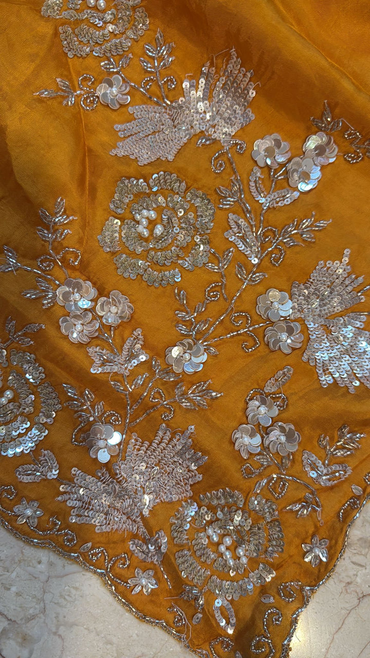 Mustard Chinon Saree with Kolkata handwork using sequins and beads, Green blouse piece