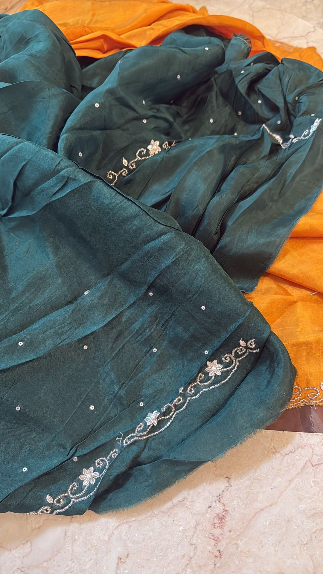 Mustard Chinon Saree with Kolkata handwork using sequins and beads, Green blouse piece