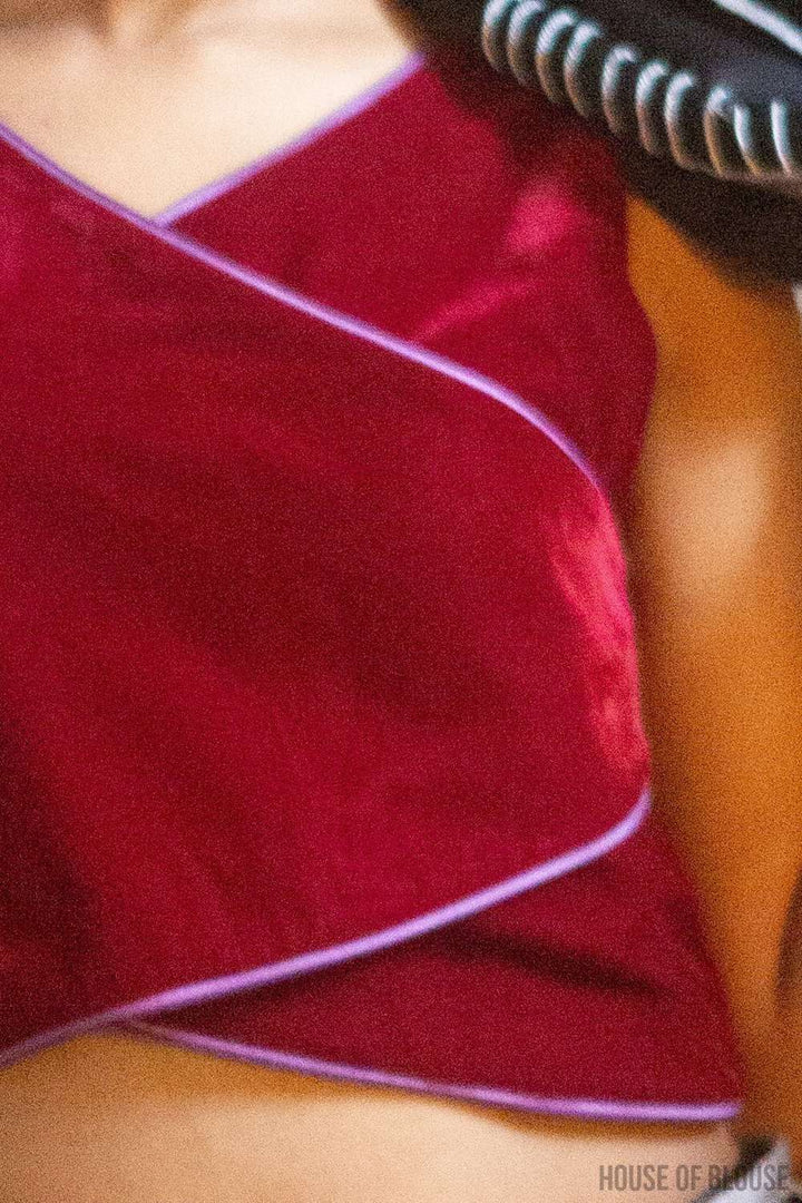 Deep Red velvet sleeveless crop top with double piping
