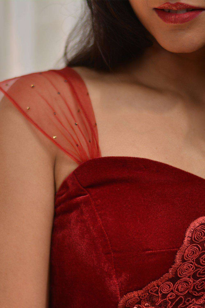 Maroon velvet Blouse with Net fan strap
