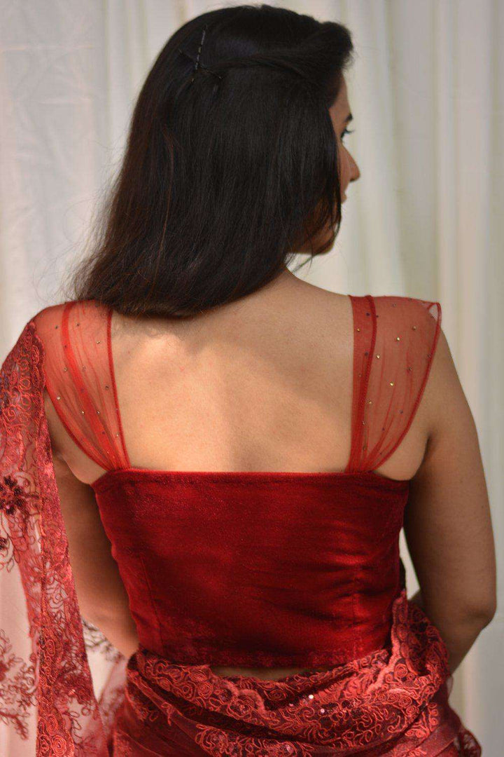 Maroon velvet Blouse with Net fan strap