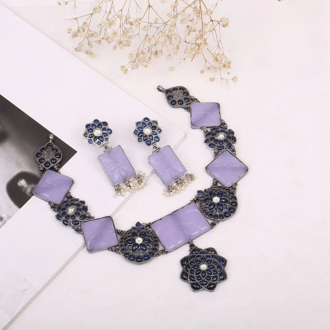 92.5 silver oxidized Necklace Set, Studded with Semi-Precious Stones.