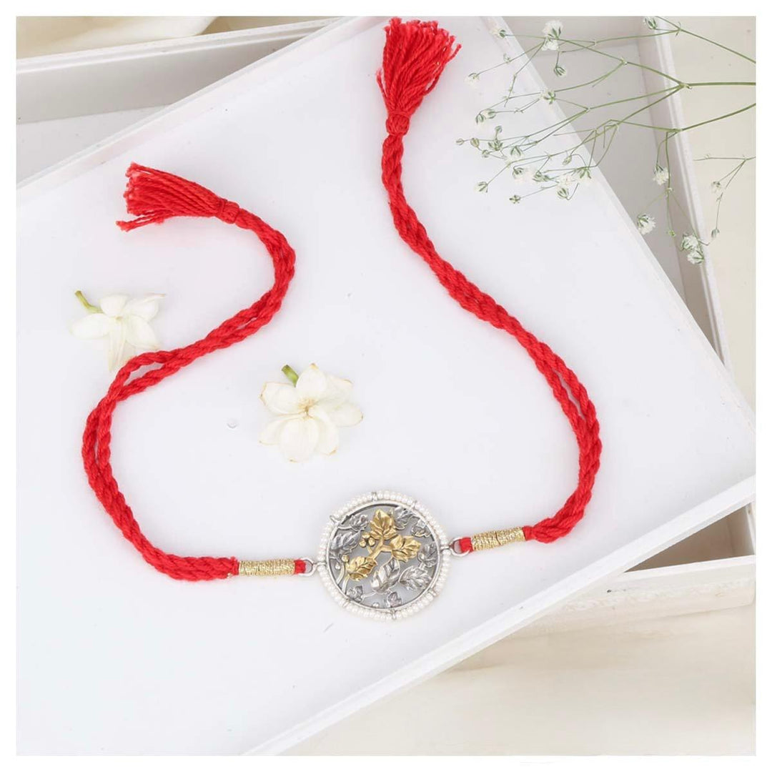 Pure 92.5 Silver Rakhi with Leaf Designed and Dori Tie