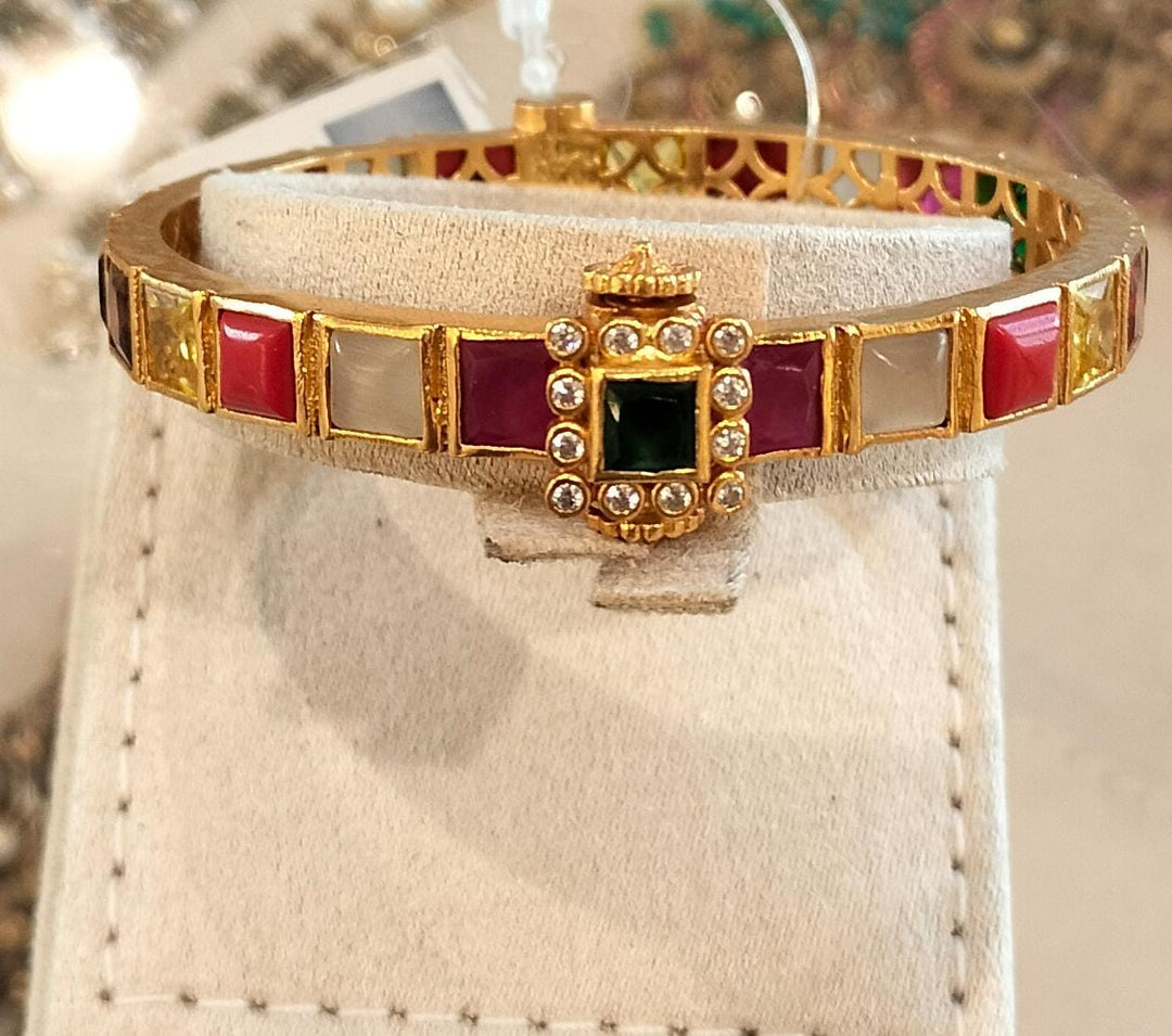 92.5 Pure Silver, Gold Plated Navaratna Openable Single Kada 2.4-2.6