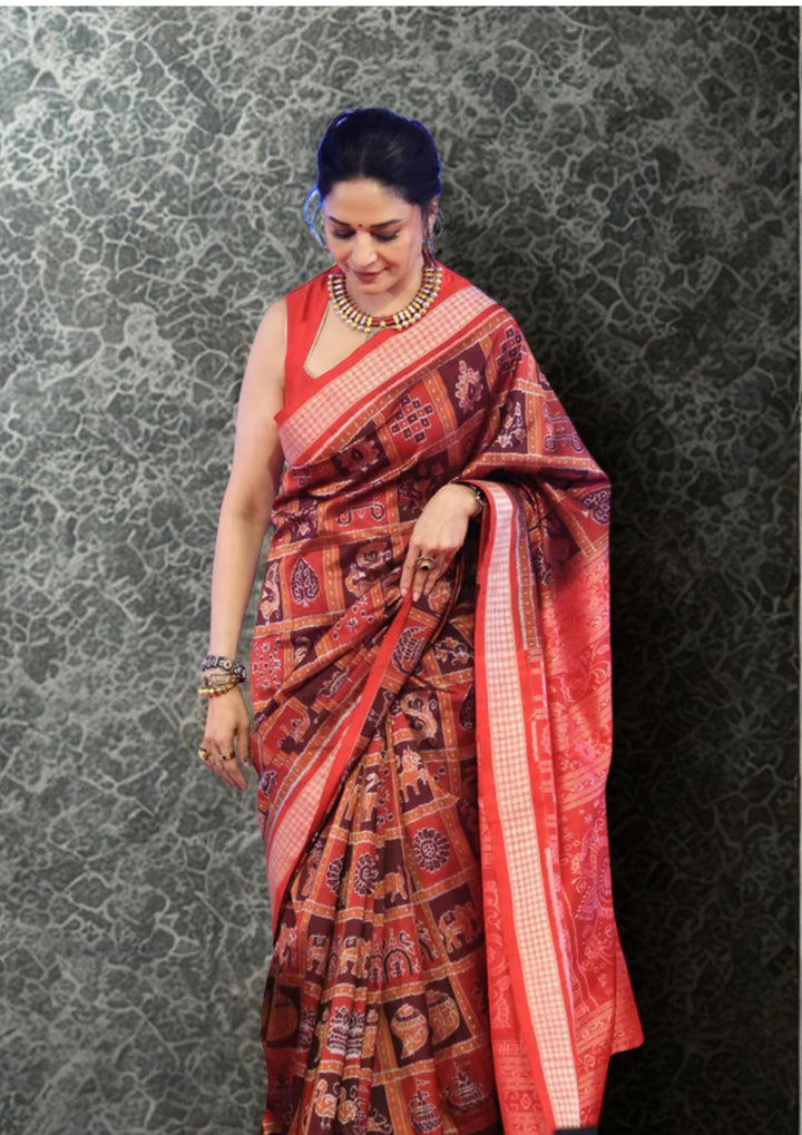Madhuri Dixit Sambhalpuri Ikkat Handloom Saree in Red and Brown , No Blouse Piece | SILK MARK CERTIFIED