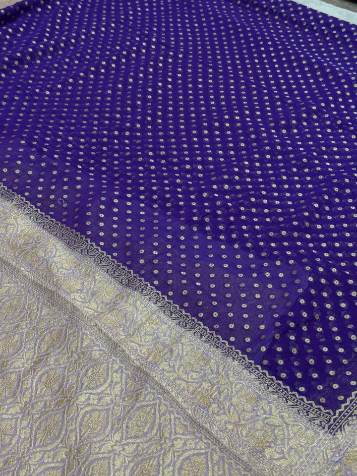 Ink Purple Banarasi Georgette Silk Saree with Polka Dot Brocade and Contrast Zari Border | SILK MARK CERTIFIED