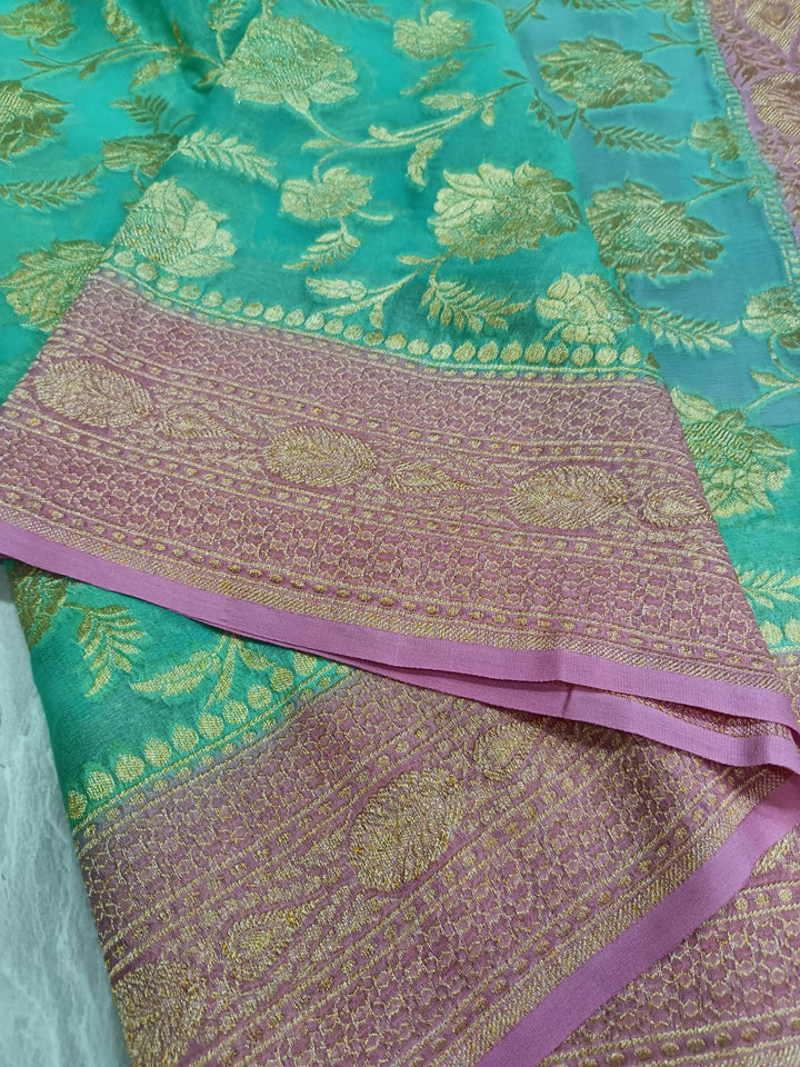 Rame Green Banarasi Georgette Silk Saree with Floral Jaal and Contrast Zari Border | SILK MARK CERTIFIED