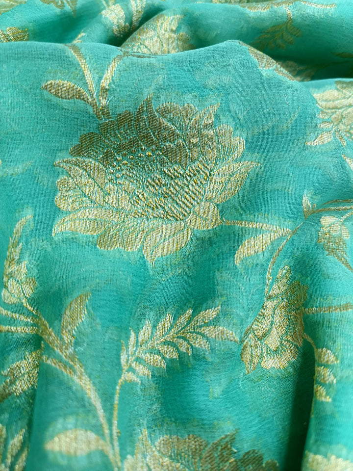 Rame Green Banarasi Georgette Silk Saree with Floral Jaal and Contrast Zari Border | SILK MARK CERTIFIED