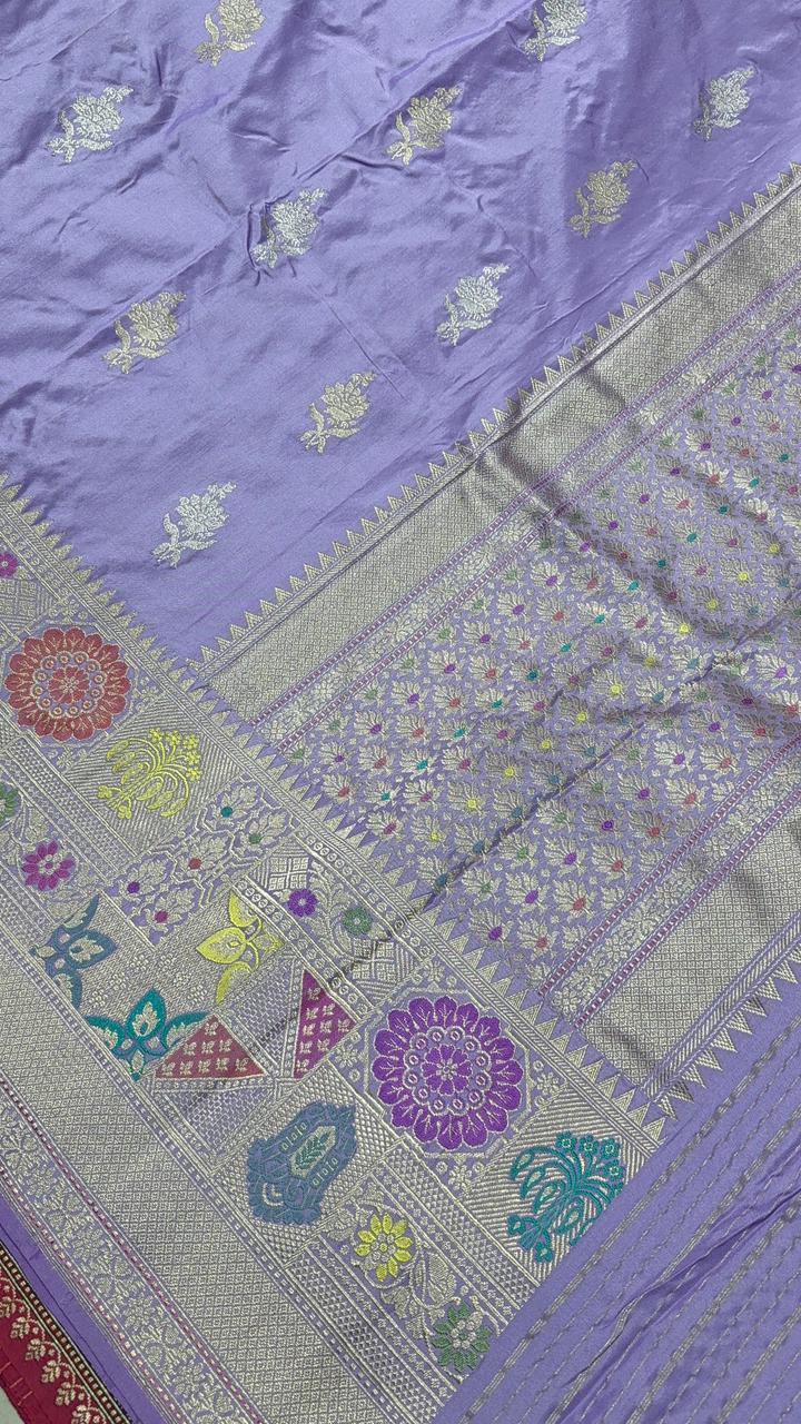 Lilac Banarasi Pure Katan Silk Saree with Sona Rupa Floral Buttas and Geometric Meenakari Buttas on Wide Zari Border | SILK MARK CERTIFIED