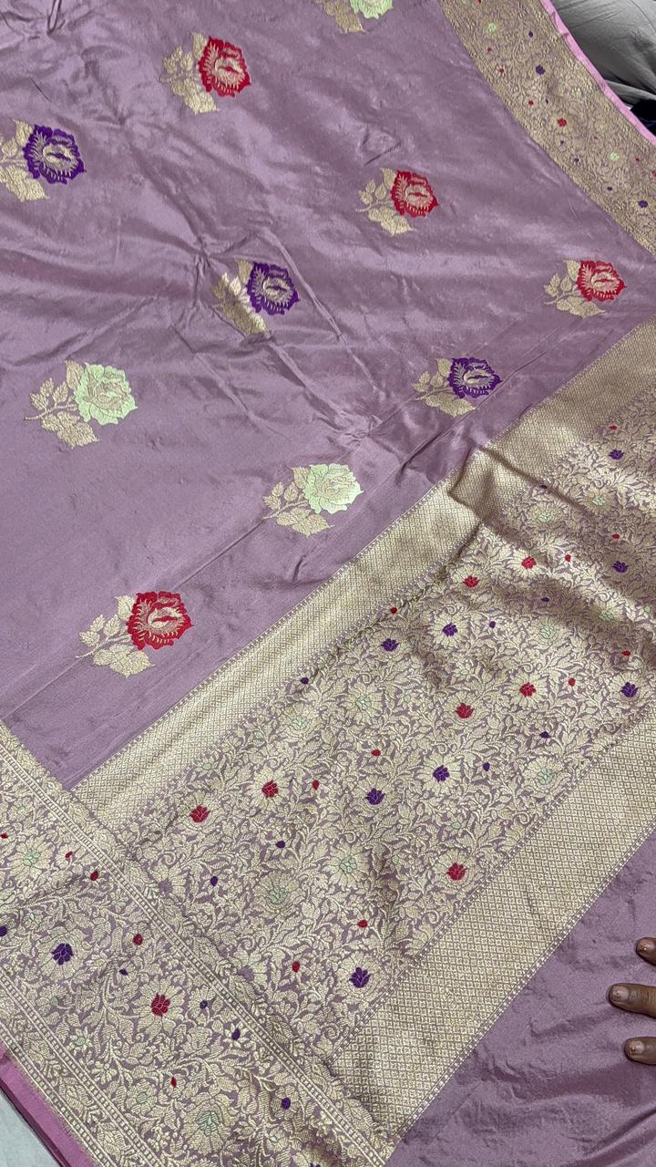 Dusty Amethyst Meenakari Work on Banarasi Pure Katan Silk Saree with Floral Buttas and Wide Zari Jaal Border | SILK MARK CERTIFIED