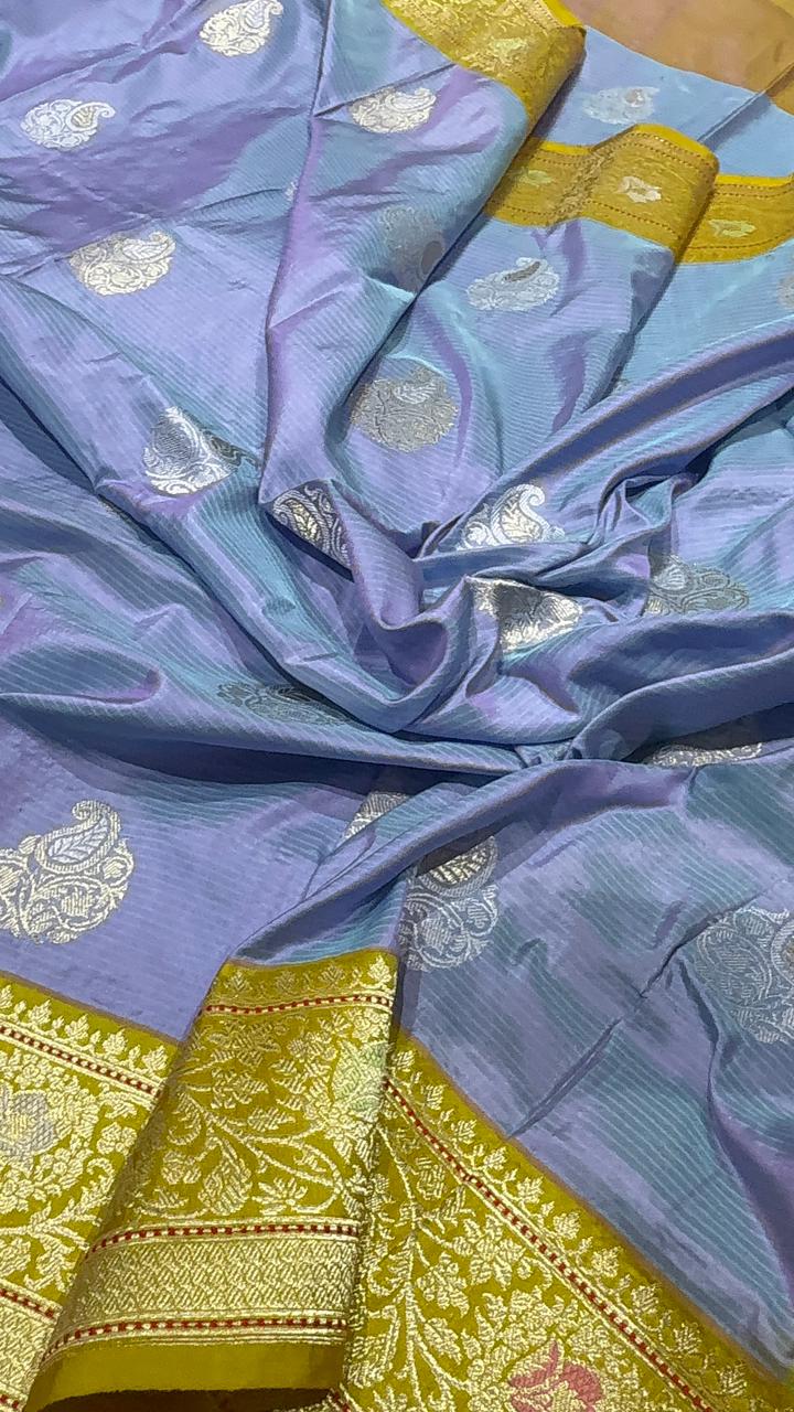 Lilac-Blue Dual tone Banarasi Pure Katan Silk Saree with Alfi Paisley Buttas and Contrast Kadiyal Meenakari Zari Border | SILK MARK CERTIFIED