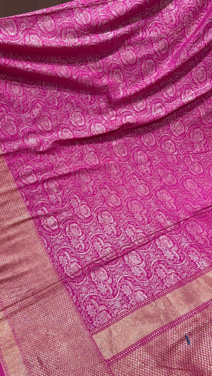 Pink Exiquisite Banarasi Moonga  Silk Saree with Zari Brocade and Skirt Border | SILK MARK CERTIFIED