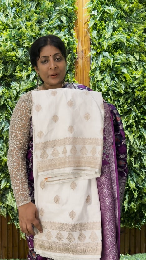 White Semi Mashru Banarasi Silk Saree with Floral Butta and Zari Border