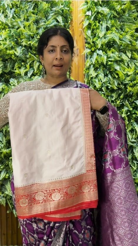 White Banarasi Semi Silk Saree with Zari Buttas and Contrast laal Par Red Zari Border