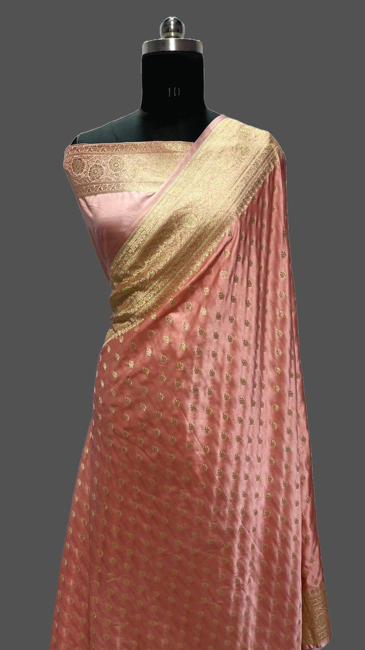 Peach Banarasi Semi Mashru Silk Saree with Zari Butta and Border