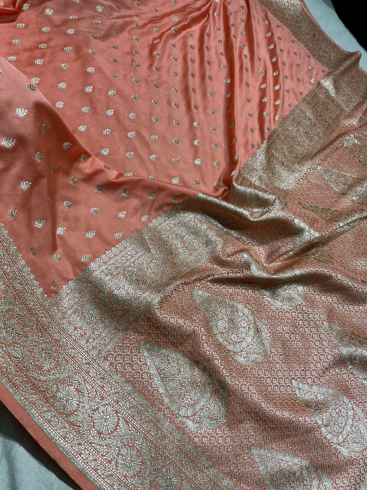 Peach Banarasi Semi Mashru Silk Saree with Zari Butta and Border