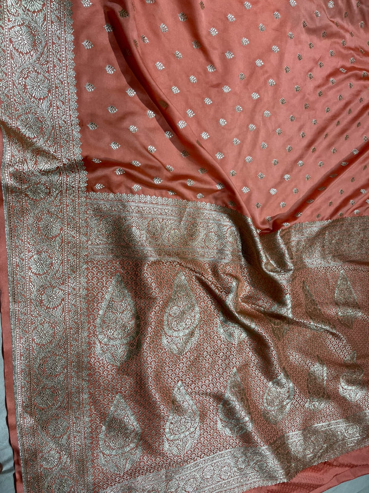 Peach Banarasi Semi Mashru Silk Saree with Zari Butta and Border