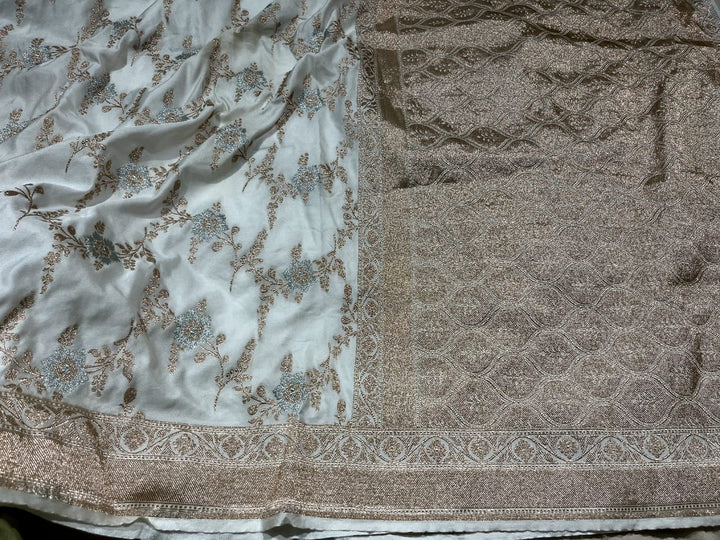 White Banarasi Semi Silk Saree with Brocade Jaal with Zari Border