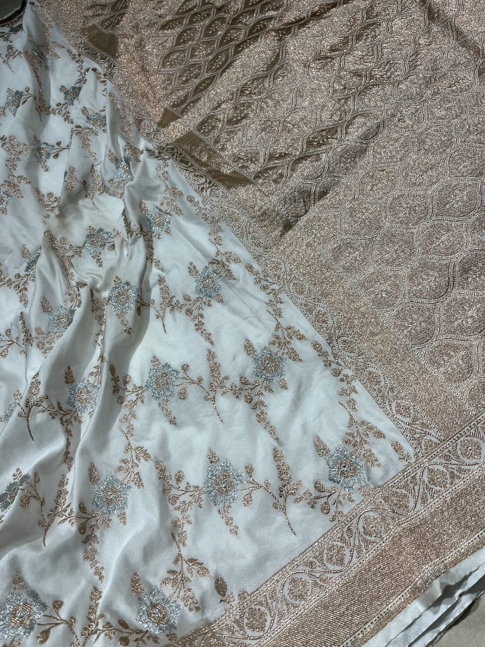 White Banarasi Semi Silk Saree with Brocade Jaal with Zari Border