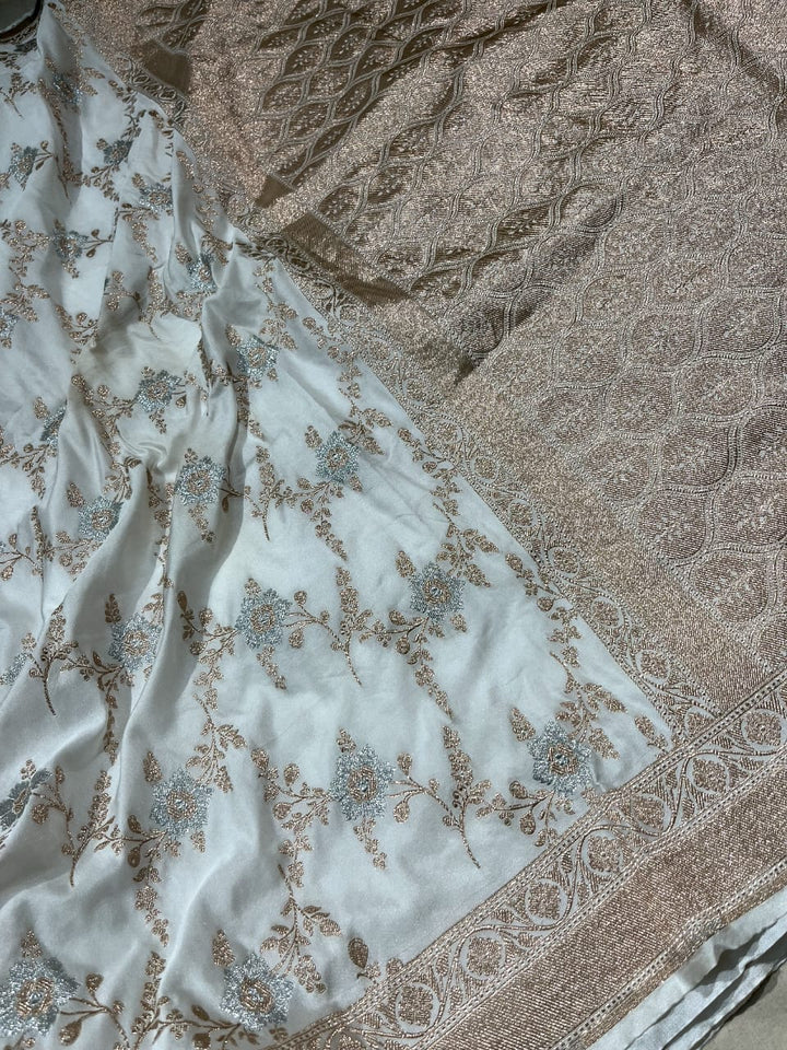 White Banarasi Semi Silk Saree with Brocade Jaal with Zari Border