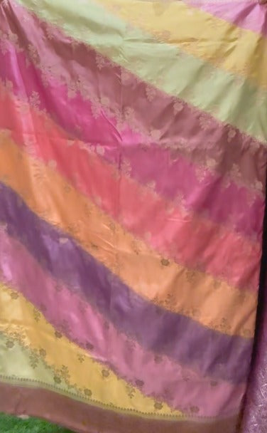 Rangkaat Style Banarasi Semi Mashru Silk Saree with Diagonal Zari stripes and zari Border