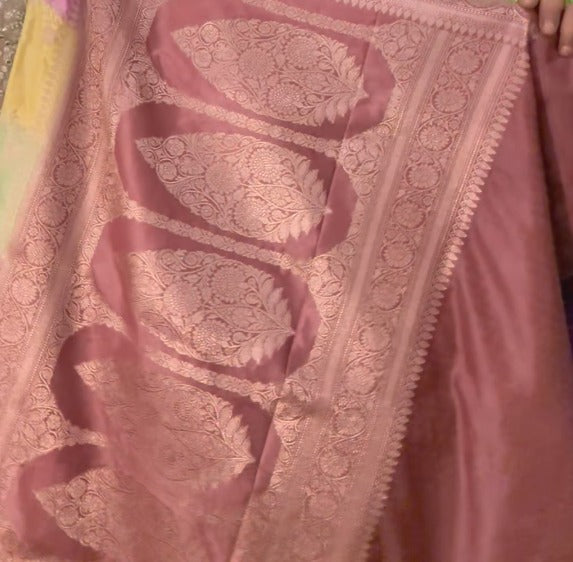 Rangkaat Style Banarasi Semi Mashru Silk Saree with Diagonal Zari stripes and zari Border