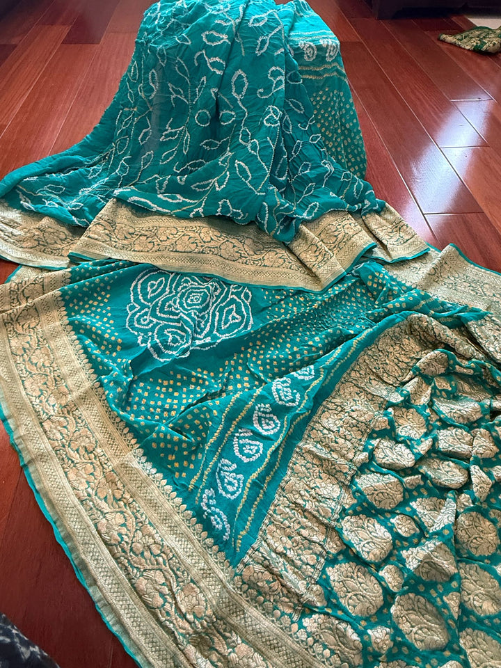 Teal Blue Sarkam Bandhej on Pure Banarasi Silk Georgette Saree with Tree of Life Pattern and  Border | SILK MARK CERTIFIED