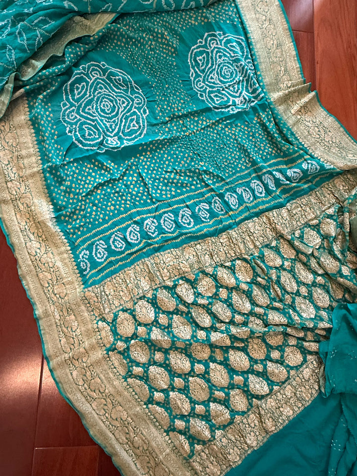 Teal Blue Sarkam Bandhej on Pure Banarasi Silk Georgette Saree with Tree of Life Pattern and  Border | SILK MARK CERTIFIED