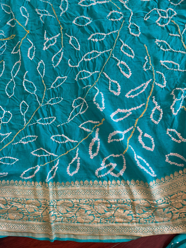 Teal Blue Sarkam Bandhej on Pure Banarasi Silk Georgette Saree with Tree of Life Pattern and  Border | SILK MARK CERTIFIED