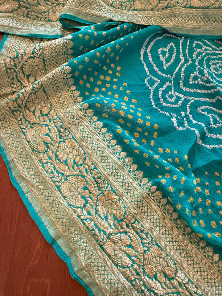 Teal Blue Sarkam Bandhej on Pure Banarasi Silk Georgette Saree with Tree of Life Pattern and  Border | SILK MARK CERTIFIED