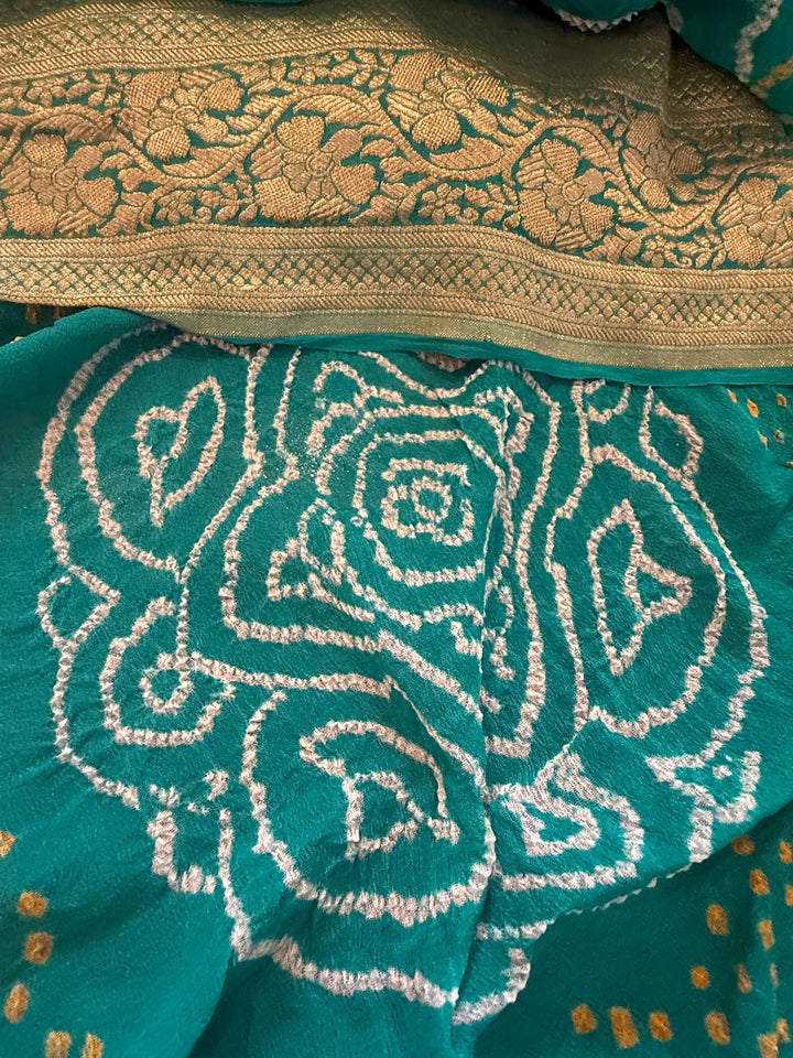 Teal Blue Sarkam Bandhej on Pure Banarasi Silk Georgette Saree with Tree of Life Pattern and  Border | SILK MARK CERTIFIED