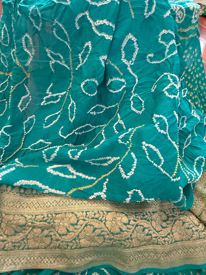 Teal Blue Sarkam Bandhej on Pure Banarasi Silk Georgette Saree with Tree of Life Pattern and  Border | SILK MARK CERTIFIED