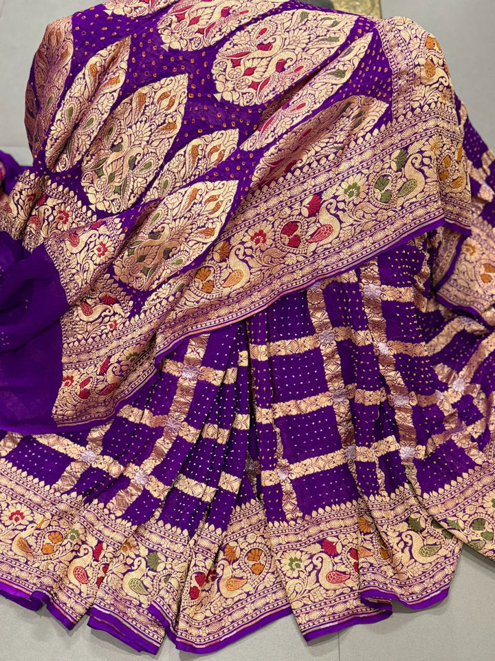 Purple Sarkam Bandhej on Pure Banarasi Silk Georgette Saree with Gharchola Jaal Meenakari Detailling and Border | SILK MARK CERTIFIED