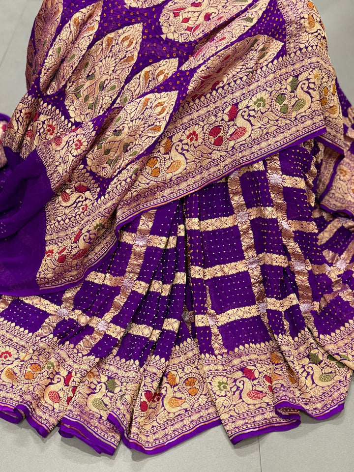 Purple Sarkam Bandhej on Pure Banarasi Silk Georgette Saree with Gharchola Jaal Meenakari Detailling and Border | SILK MARK CERTIFIED